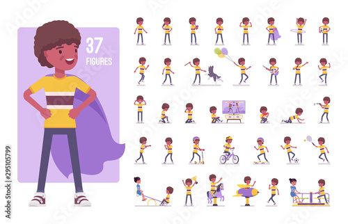 Boy child 7, 9 years old, school age black kid character set. Schoolboy, active guy in summer wear, fun, entertainment playing on playground. Full length, different views, gestures, emotions and poses