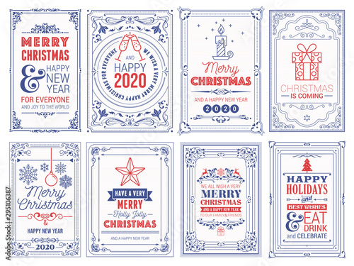 Ornate square winter holidays greeting cards with New Year tree, reindeers, Christmas ornaments, Peace Doves, swirl frames and typographic design