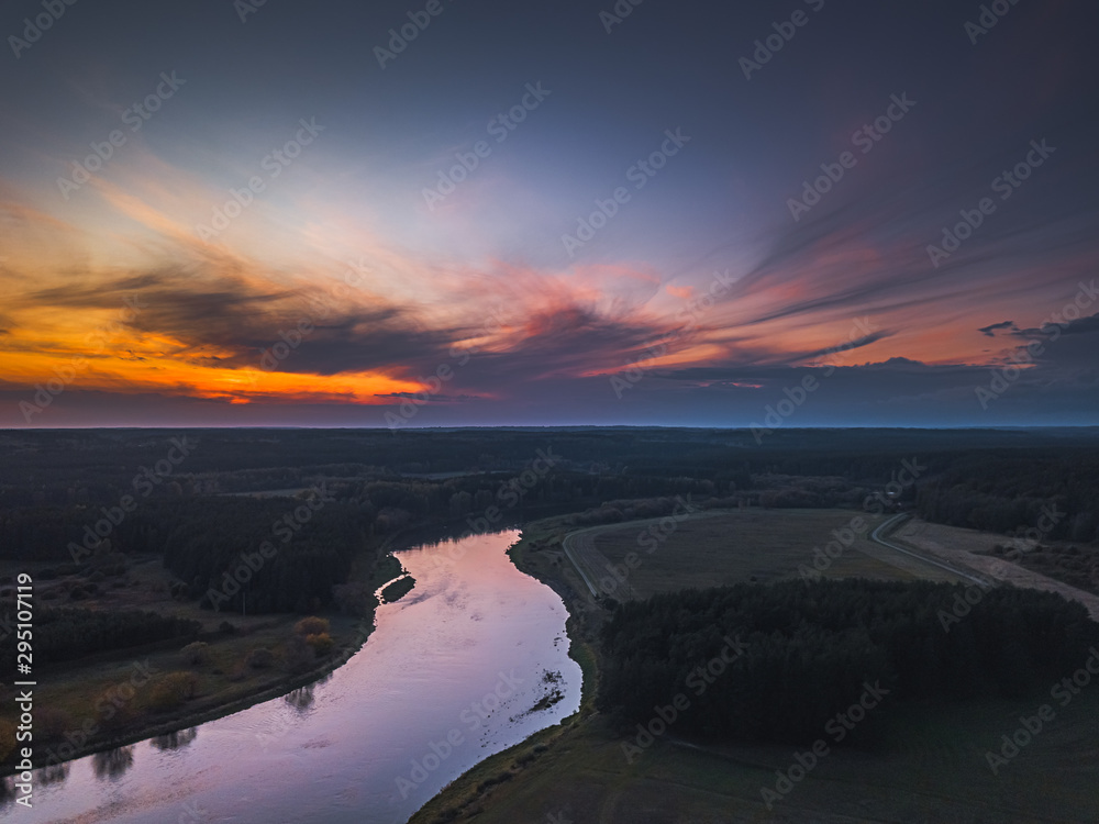 Evening aerial view of Neris river in Kernave