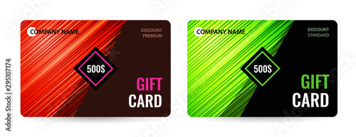 Universal modern design of standard and premium gift card. Bright shiny striped on dark background. Vector template for advertising your business.