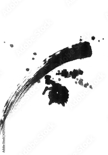 Chinese style. Ink black and white abstraction. Stains  blots  strokes. The image is a semicircle  a rounded line  in a circle. Brush stroke.