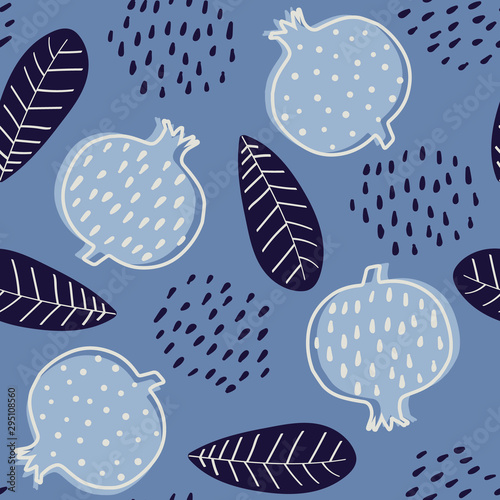 Abstract seamless pattern with stylized cartoon garnets. Design with colorful garnets and leafs, vector. Seamless texture in blue colors