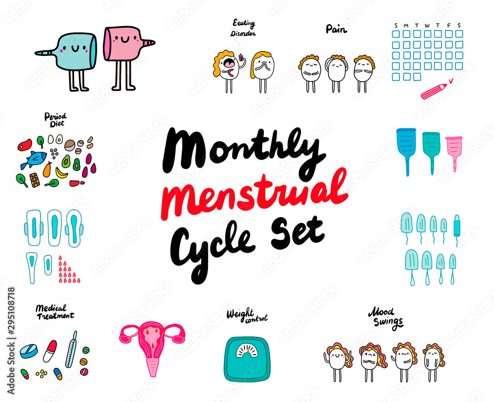 Big monthly menstrual cycle set periods woman hand drawn vector  illustration in cartoon comic style Stock Vector | Adobe Stock