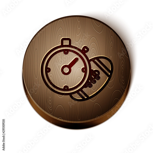 Brown line American Football ball and stopwatch icon isolated on white background. Set of sport equipment. Wooden circle button. Vector Illustration