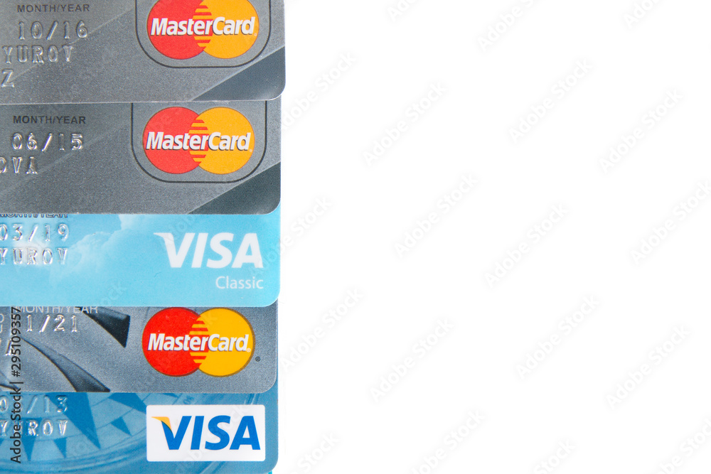 Moscow, Russia - October 10, 2019: Visa and MasterCard credit card on ...