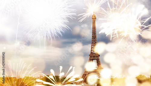 romantic New Year destination Eiffel tower with fireworks Paris, France