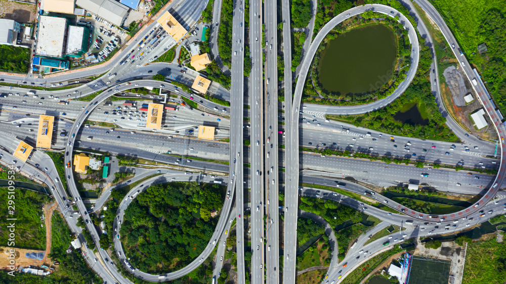 Aerial top view of Toll expressway and motorway payment point, Road traffic an important infrastructure in bangkok Thailand Aerial top view of Toll expressway and motorway payment point, Road traffic an important infrastructure in bangkok Thailand