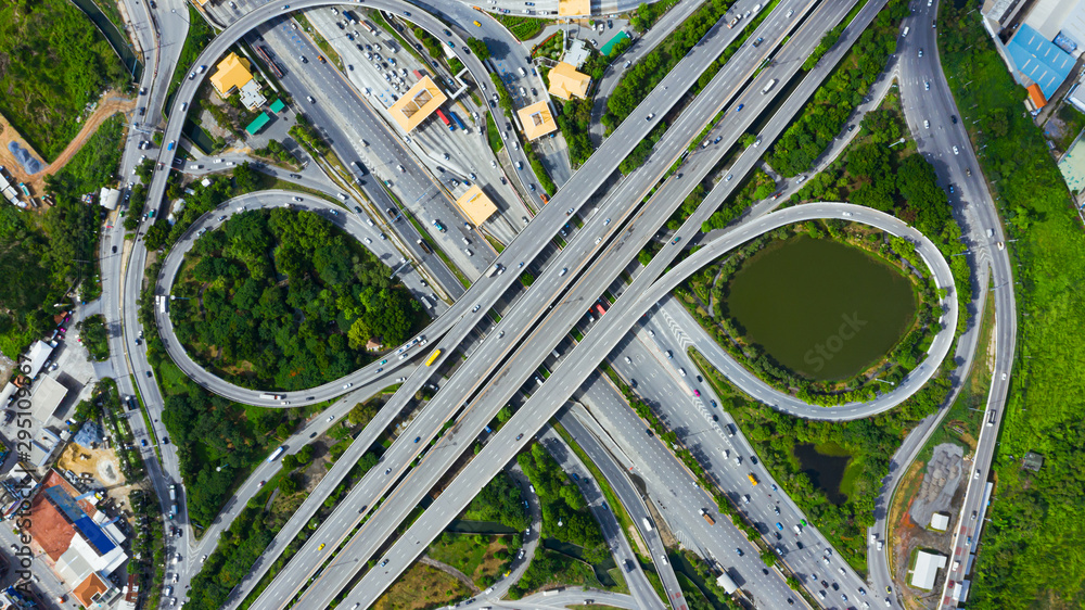 Aerial top view of Toll expressway and motorway payment point, Road traffic an important infrastructure in bangkok Thailand