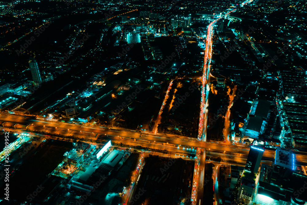 Fototapeta premium Expressway Top Aerial view, Road traffic an important infrastructure, Road and Roundabout.