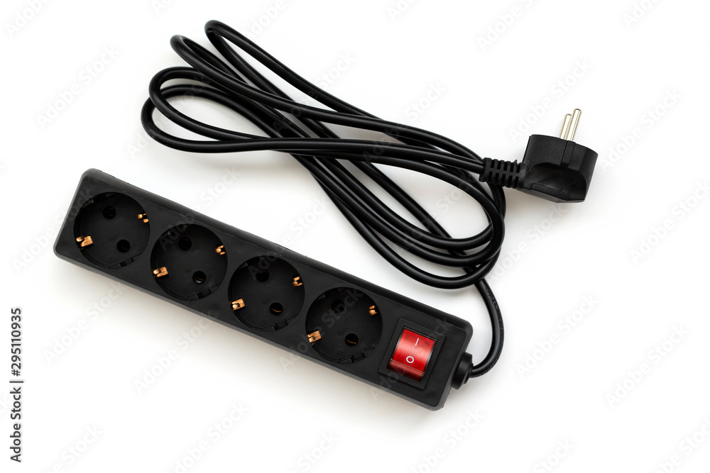 Black power surge, isolated on a white background. Portable socket. Power bar with built-in surge protector and multiple outlets. Black power surge, isolated on a white background. Portable socket. Power bar with built-in surge protector and multiple outlets.