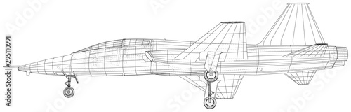 Outline Airplane. Vector rendering of 3d. Wire-frame style. The layers of visible and invisible lines are separated.