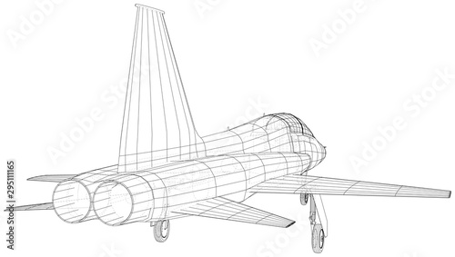 Outline Airplane. Vector rendering of 3d. Wire-frame style. The layers of visible and invisible lines are separated.