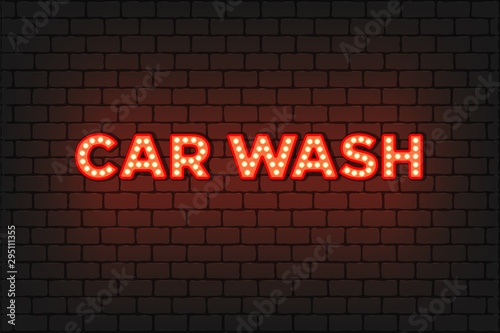 Car wash sign in light bulbs style vector illustration isolated. Template, concept, luminous signboard icon on a car wash theme. Luminous banner