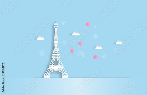Fototapeta Naklejka Na Ścianę i Meble -  Illustration of  travel in Paris with Pink balloon and place for your text space. Eiffel tower Paris in beautiful day. paper cut and craft style. vector, illustration.