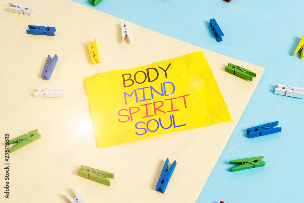 Handwriting text writing Body Mind Spirit Soul. Conceptual photo Personal Balance Therapy Conciousness state of mind Colored clothespin paper empty reminder yellow blue floor background office Handwriting text writing Body Mind Spirit Soul. Conceptual photo Personal Balance Therapy Conciousness state of mind Colored clothespin paper empty reminder yellow blue floor background office