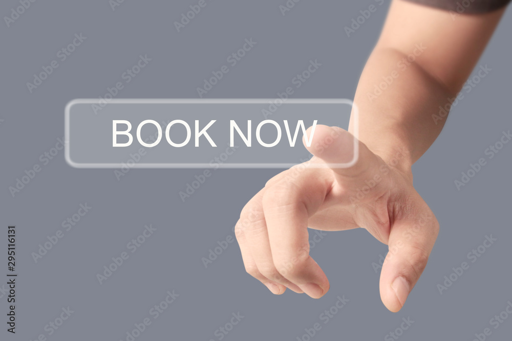 Fototapeta premium Hands touching button screen interface global connection customer networking