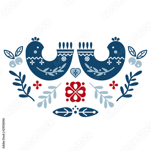 Folk art vector ornament with bird, hearts, and flowers. Scandinavian design.