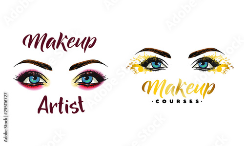 Makeup artist business card template. Vector hand drawn illustration of colorful women eyes make-up. Concept for beauty salon, cosmetics label, visage and makeup, Motivation quote: beauty salon