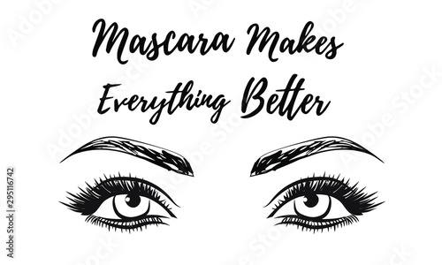 Makeup artist business card template. Vector hand drawn illustration of colorful women eyes  make-up. Concept for beauty salon, cosmetics label, visage and makeup, Motivation quote: beauty salon