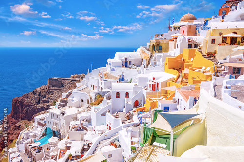 Beautiful picturesque Oia village on Santorini island, Greece with traditional white architecture