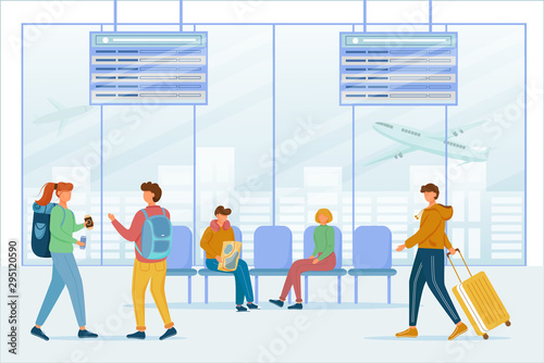Passengers in airport lounge area flat vector illustration. Travelers in air terminal. Transit stop. Transfer zone. People waiting for airplane, talking, carrying baggage cartoon characters