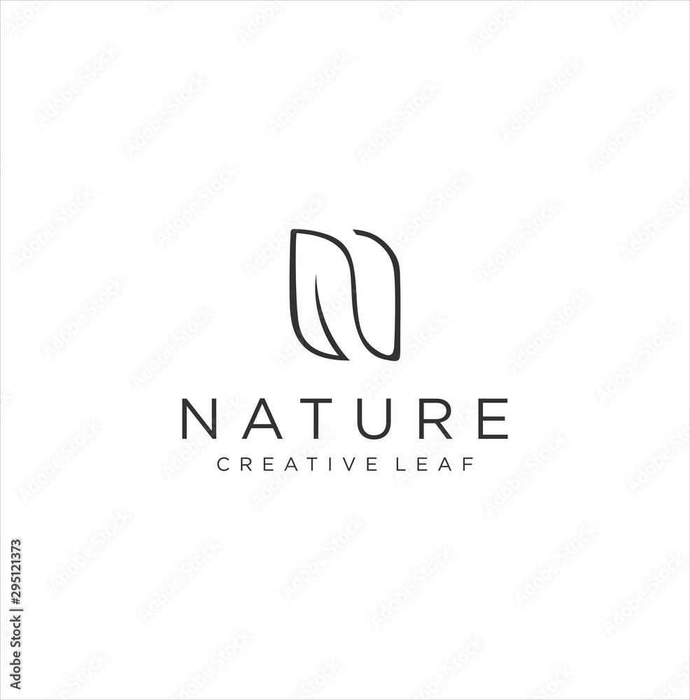 Letter  N Leaf Logo Design with Leaf Outline. Simple Alphabet Initial N Nature Logo Organic Design Template