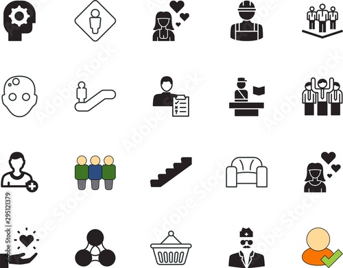 people vector icon set such as: room, general purpose, sample, nose, escalators, diagnosis, portrait, character, craftsmen, shopper, interview, sale, bald, back, checkmark, logo, users, tech, lung