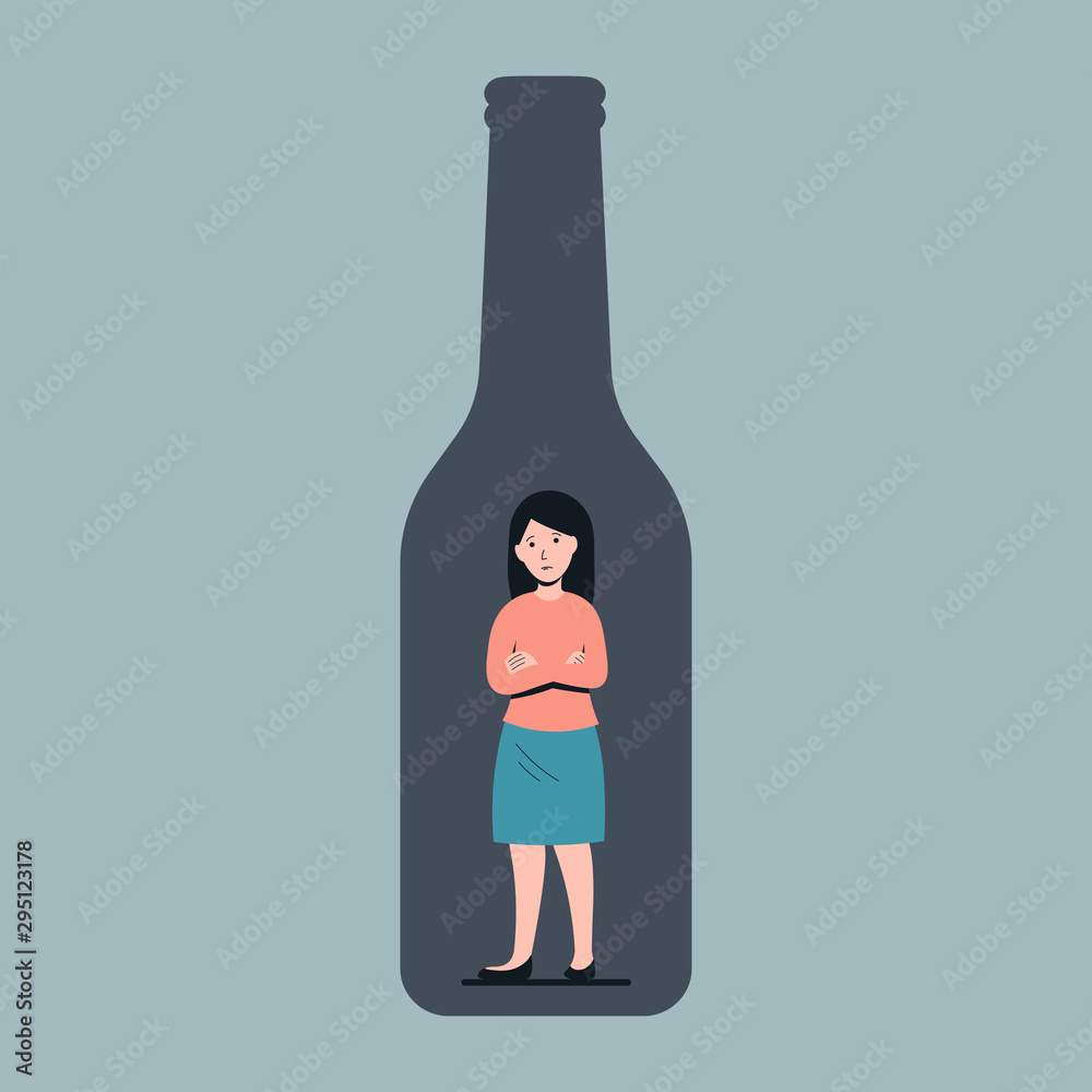 Sick drunk woman in the bottle of wine. Concept flat vector