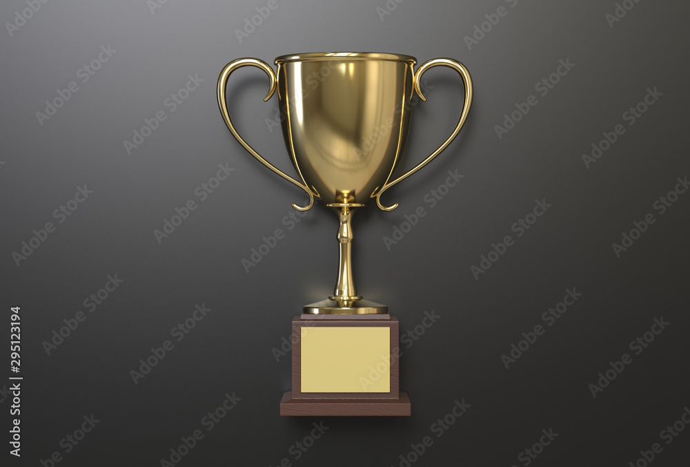 Golden trophy cup with blank golden plate. 3d render illustration. Golden trophy cup with blank golden plate. 3d render illustration.