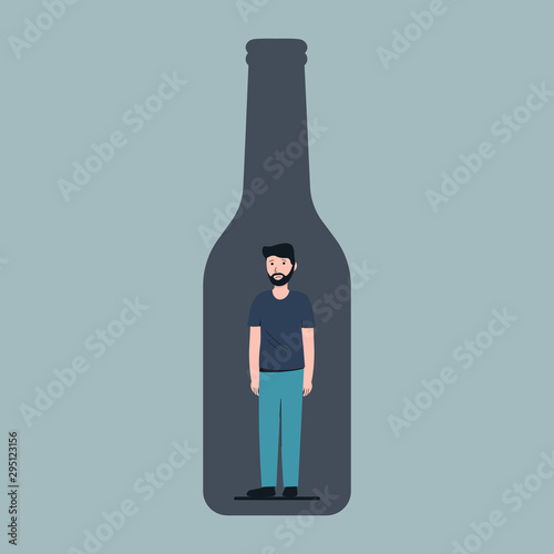 Sick drunk guy in the bottle of wine. Concept flat vector illustration of alcohol addiction. Vector.