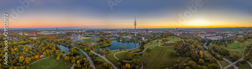 Impressive total view over Munich at sunset with the Olympic Park. photo