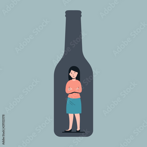 Sick drunk woman in the bottle of wine. Concept flat vector illustration of alcohol addiction. Vector.