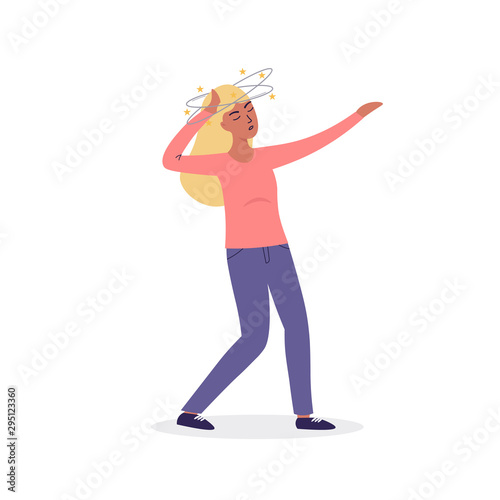 Flat cartoon vector woman character fainting, dizziness. Isolated illustration on white background.