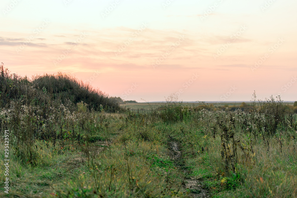 Country road through the meadow against the backdrop of sunrise Country road through the meadow against the backdrop of sunrise