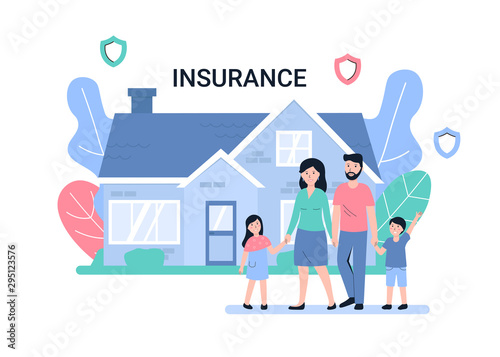 Happy young family buy big house. Flat vector concept illustration.