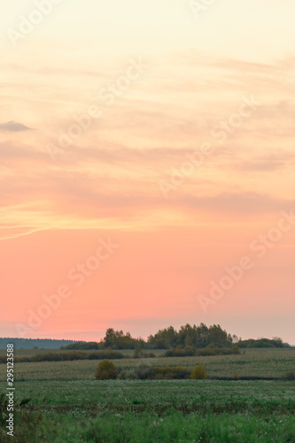 Pink clouds on a red sky during sunrise over a meadow in the countryside