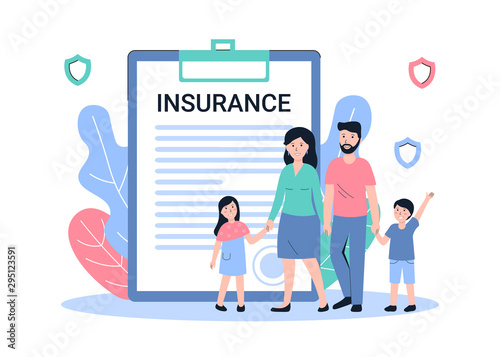 Happy young family and slipboard insurance contract design. Flat vector modern concept illustration.