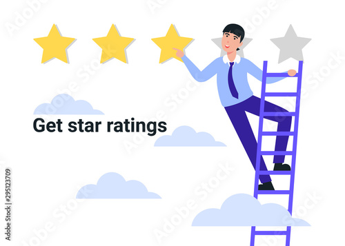 Flat Illustration of a man hand giving three star rating. Review. Feedback, reputation and quality concept. Get star reting.