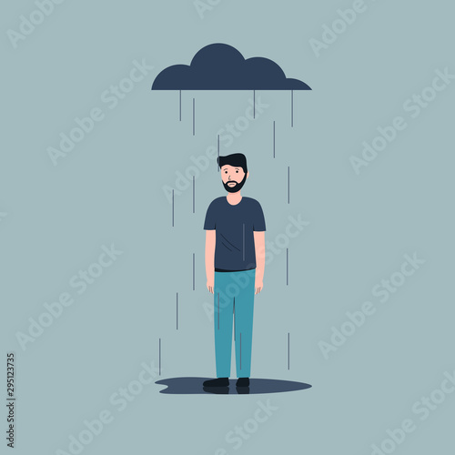 Sad male character standing under the rain. Overcast weather. Emotions. Solitude concept. Flat vector modern illustration design.