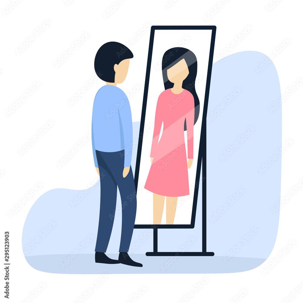 A young guy is standing in front of a mirror. Transgender does not accept his body. Gender change. Man wants to change