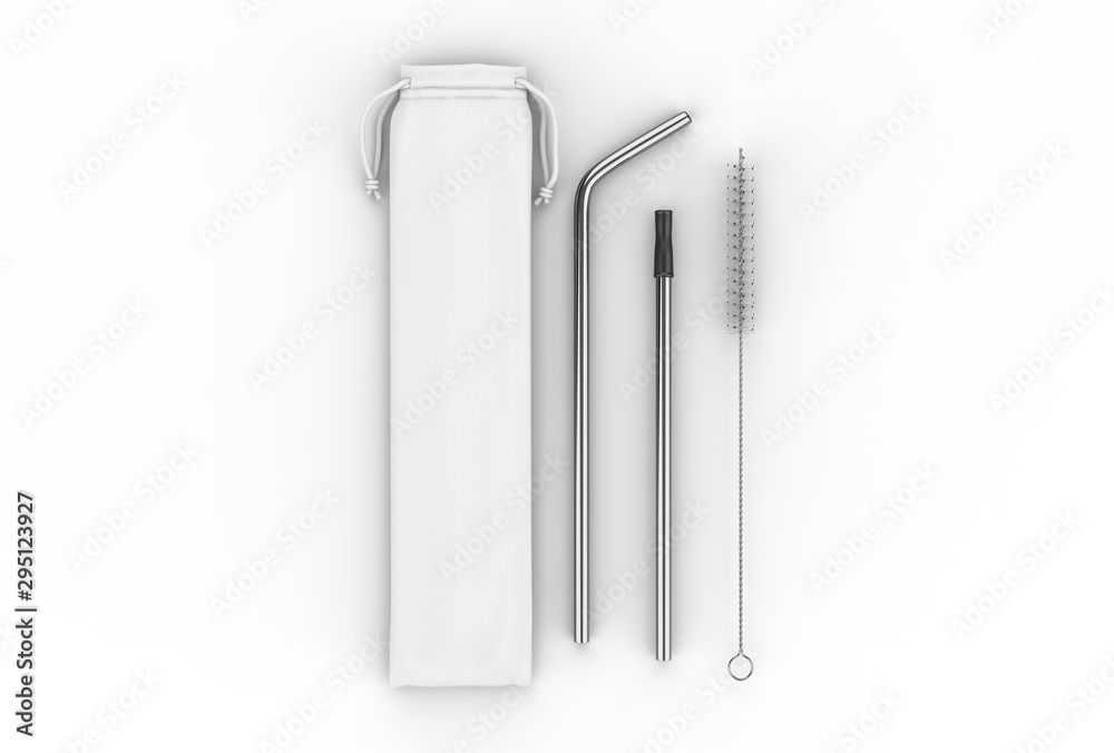 Blank Stainless Steel Straws With Brush And Bag,Metal Straws With Pouch For Branding. 3d render illustration. Blank Stainless Steel Straws With Brush And Bag,Metal Straws With Pouch For Branding. 3d render illustration.