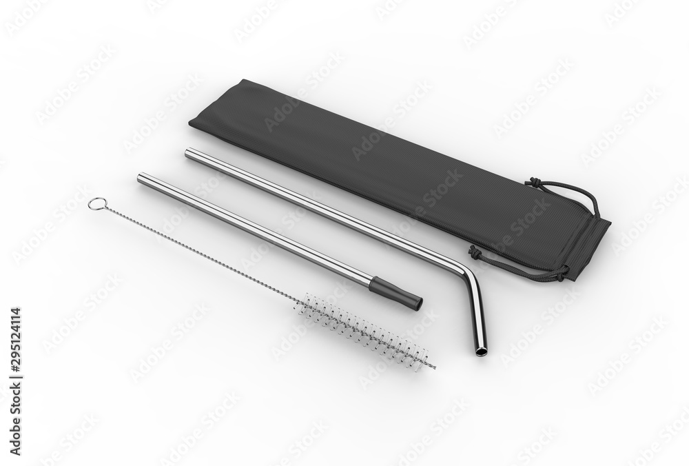 Blank Stainless Steel Straws With Brush And Bag,Metal Straws With Pouch For Branding. 3d render illustration. Blank Stainless Steel Straws With Brush And Bag,Metal Straws With Pouch For Branding. 3d render illustration.