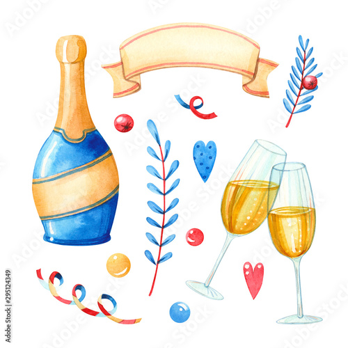 Hand drawn watercolor illustration clipart set of champagne glasses, bottle, banner and branches isolated on white. Christmas, winter holidays and celebration photo