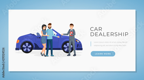 Car dealership web banner vector template. Vehicle retail business website landing page interface layout. Automobile showroom, rental service webpage, homepage cartoon concept with text space