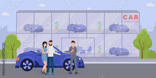 New automobile purchase flat vector illustration. Car showroom salesman and satisfied customers cartoon characters. Transport rental, leasing service, keys handover, vehicle retail business