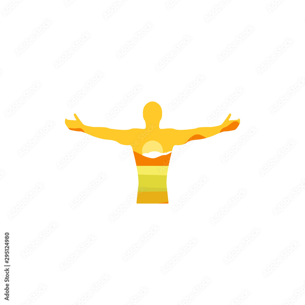 Double exposure of a man with open arms, in which beautiful landscapes of nature are visible. Illustration number 4 in the set. Double exposure of a man with open arms, in which beautiful landscapes of nature are visible. Illustration number 4 in the set.