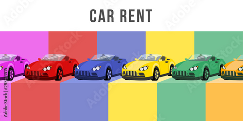 Car rent flat banner vector template. Automobile dealership business, personal transport leasing service advertising poster layout. Different multicolor cabriolets cartoon illustration with typography