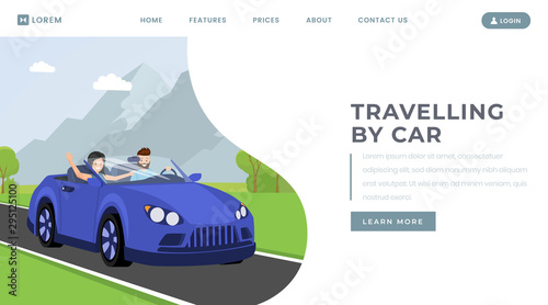 Car traveling landing page vector template. Personal transportation rental service website homepage interface idea with flat illustration. Test drive, family journey web banner cartoon concept
