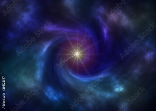 Deep space vortex illustration with bright star. Processed in vibrant blues, greens and purples.