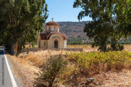 Kastelli, Crete, Greece. October 2019. The church of Agios Nektarios surrounded with vines at Kastelli, eastern Crete